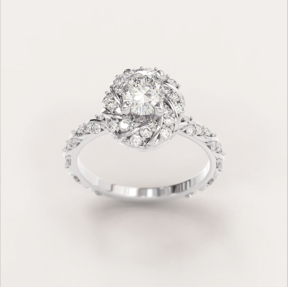 Unique Halo Snowy Princess Engagement Ring No.22 in White Gold - Moissanite/Diamond with CZ - Roelavi