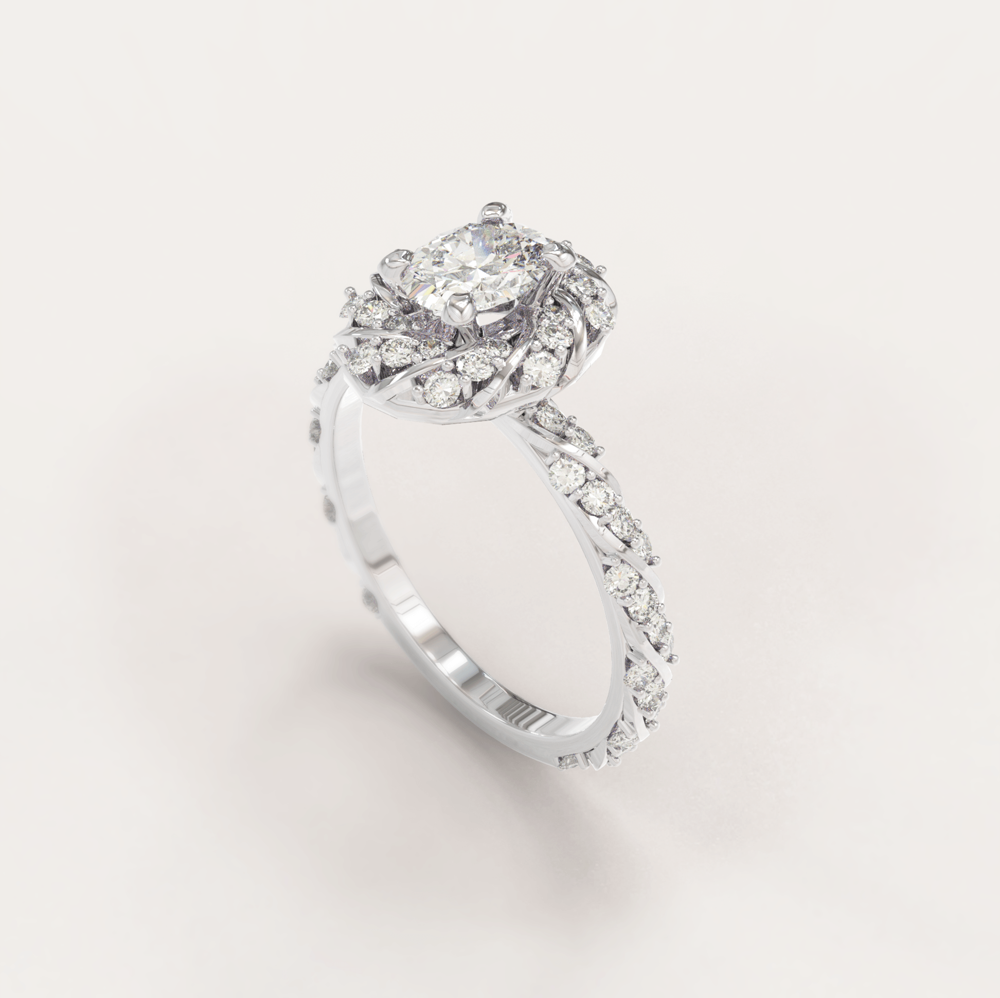 Unique Halo Snowy Princess Engagement Ring No.22 in White Gold - Moissanite/Diamond with CZ - Roelavi