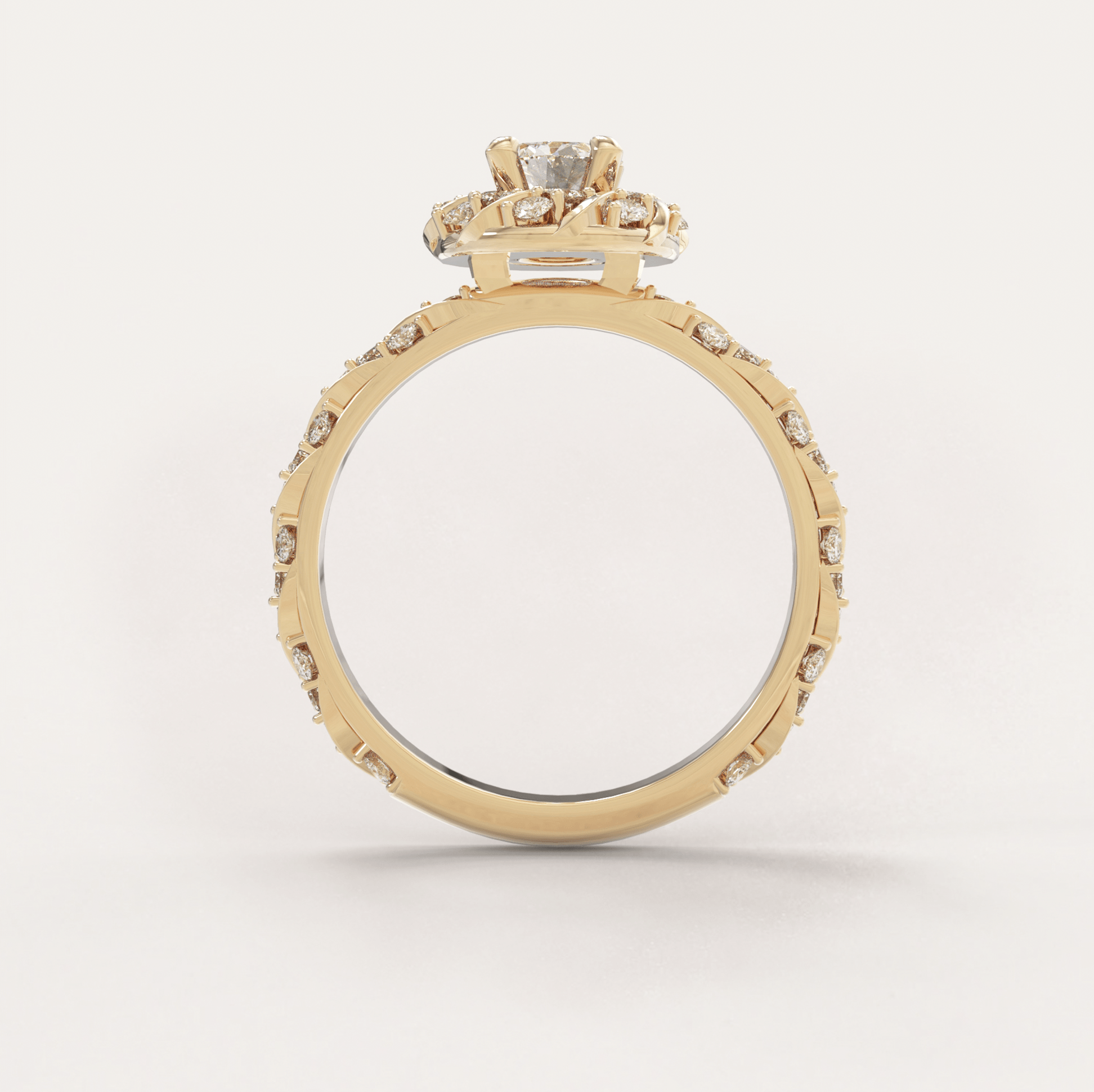 Unique Halo Snowy Princess Engagement Ring No.22 in Yellow Gold - Moissanite/Diamond with CZ - Roelavi