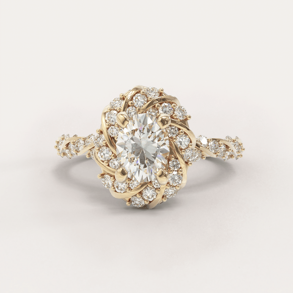 Unique Halo Snowy Princess Engagement Ring No.22 in Yellow Gold - Moissanite/Diamond with CZ