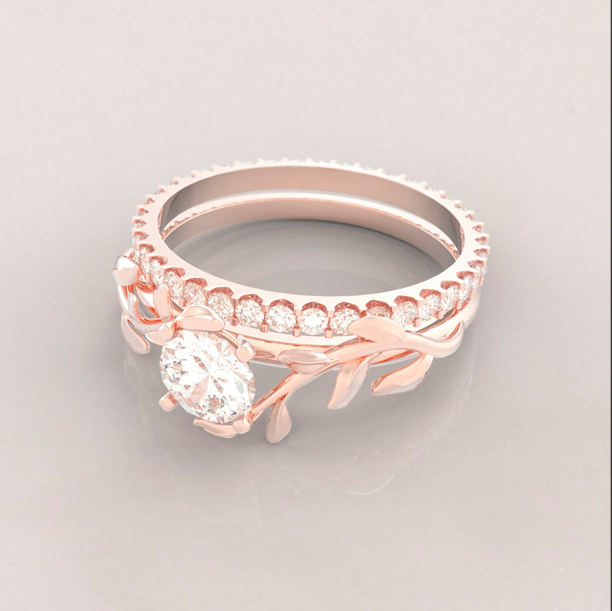 Unique Leaves Engagement and Eternity Wedding Engagement Ring Set No.5 in Rose Gold - Diamond/Moissanite - Roelavi
