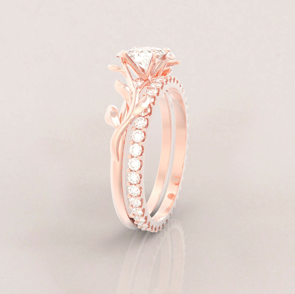 Unique Leaves Engagement and Eternity Wedding Engagement Ring Set No.5 in Rose Gold - Diamond/Moissanite