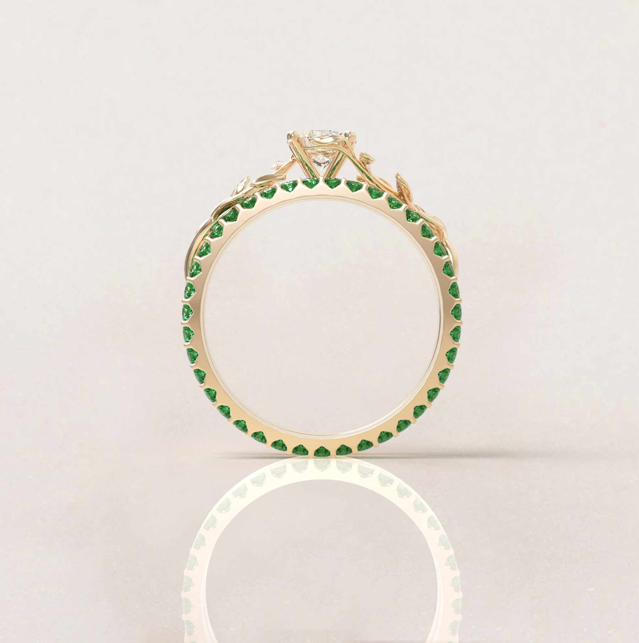 Unique Leaves Engagement and Eternity Wedding Engagement Ring Set No.5 in Yellow Gold - Diamond/Moissanite and Emerald - Roelavi