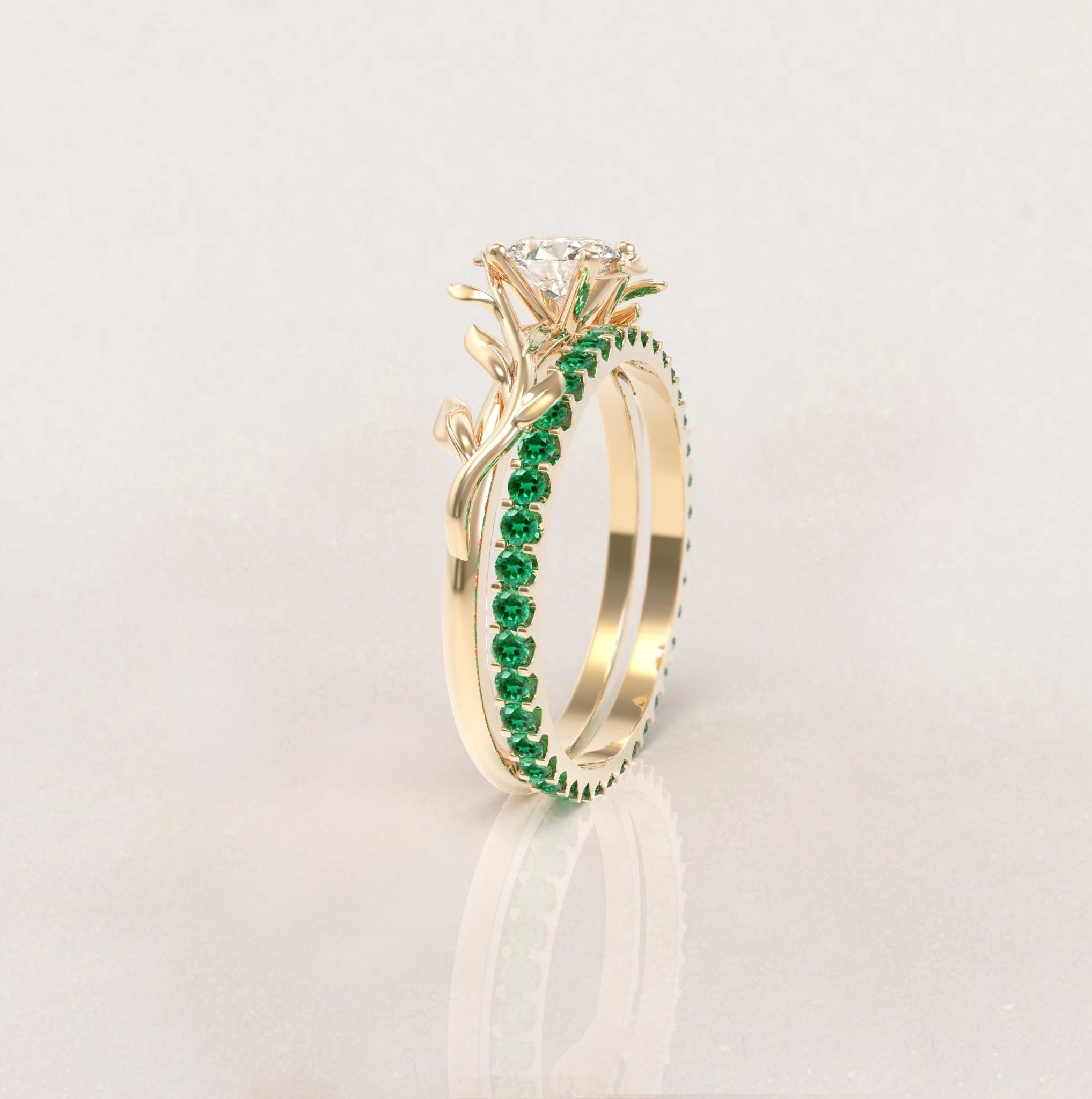 Unique Leaves Engagement and Eternity Wedding Engagement Ring Set No.5 in Yellow Gold - Diamond/Moissanite and Emerald - Roelavi