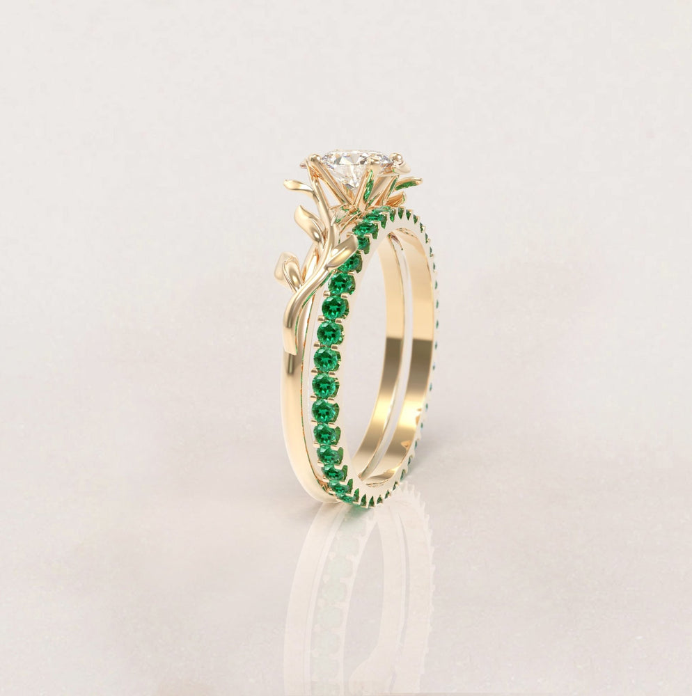 Unique Leaves Engagement and Eternity Wedding Engagement Ring Set No.5 in Yellow Gold - Diamond/Moissanite and Emerald