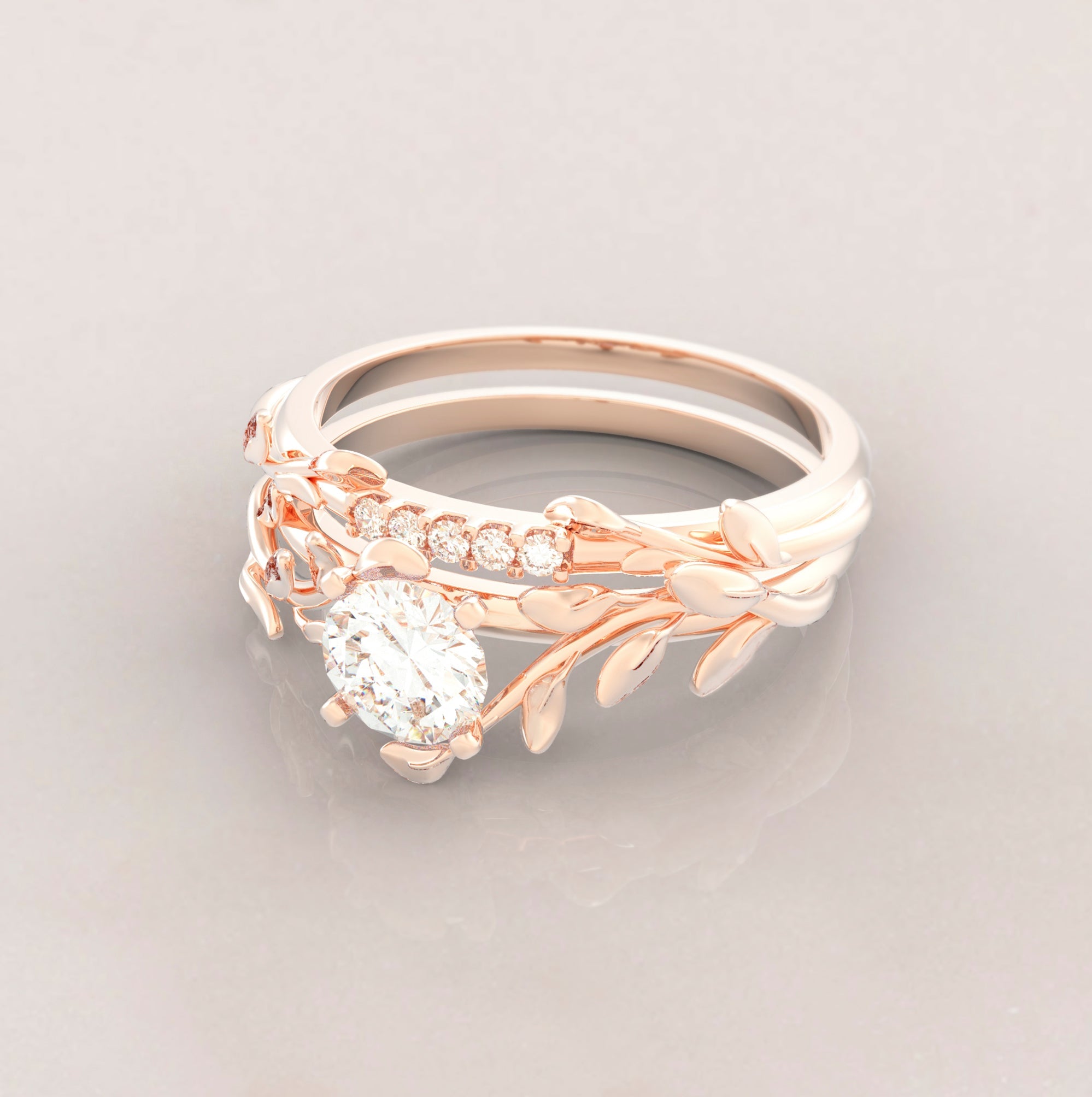 Unique Leaves Engagement and Wedding Engagement Ring Set No.5 in Rose Gold - Diamond/Moissanite - Roelavi
