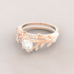 Unique Leaves Engagement and Wedding Engagement Ring Set No.5 in Rose Gold - Diamond/Moissanite