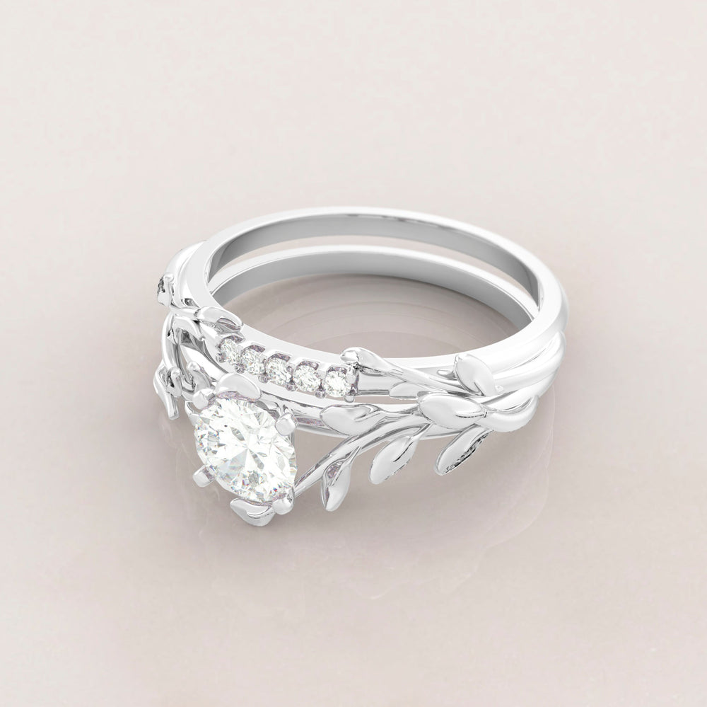 Unique Leaves Engagement and Wedding Engagement Ring Set No.5 in White Gold - Diamond/Moissanite