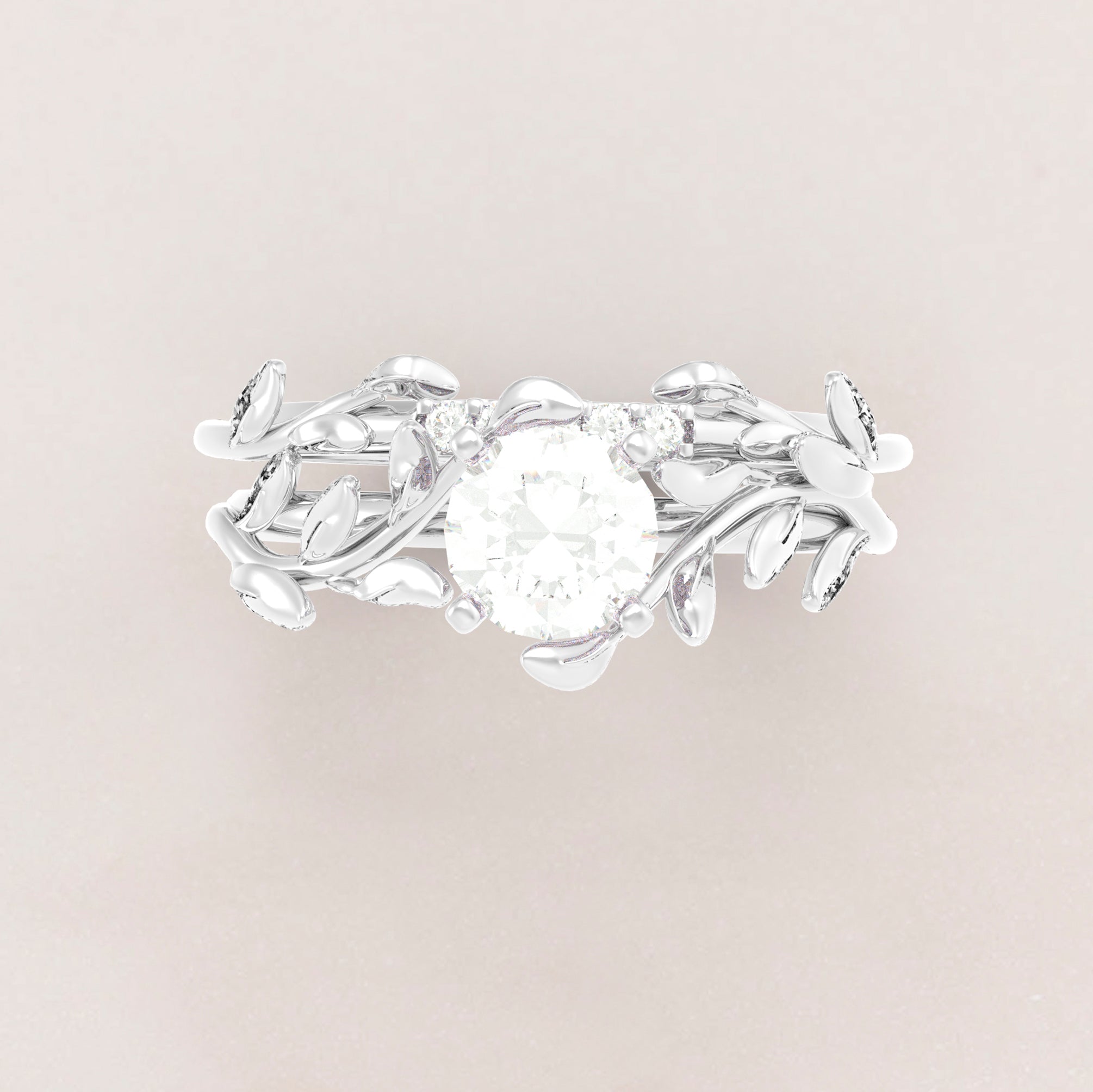 Unique Leaves Engagement and Wedding Engagement Ring Set No.5 in White Gold - Diamond/Moissanite - Roelavi