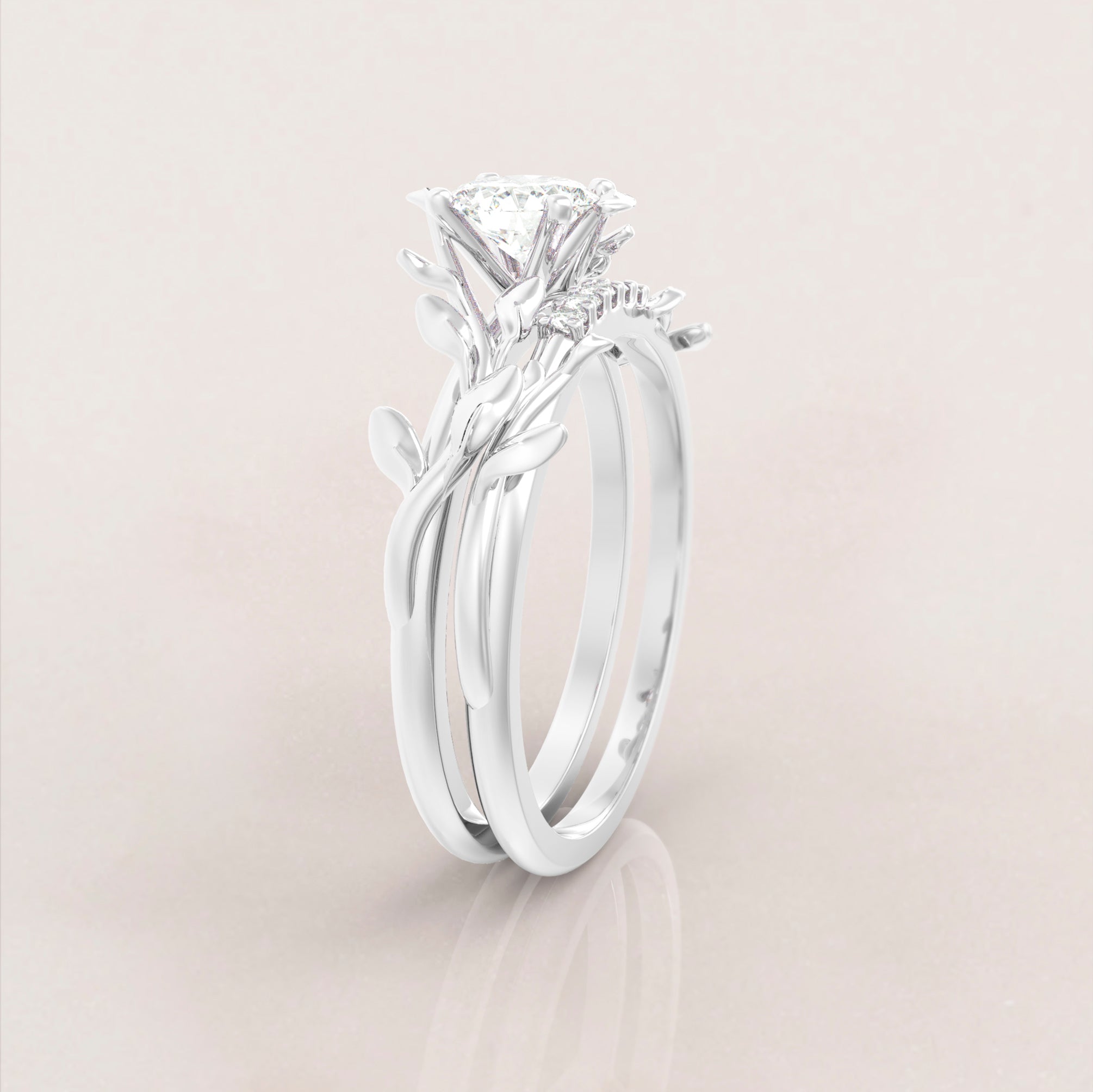 Unique Leaves Engagement and Wedding Engagement Ring Set No.5 in White Gold - Diamond/Moissanite - Roelavi