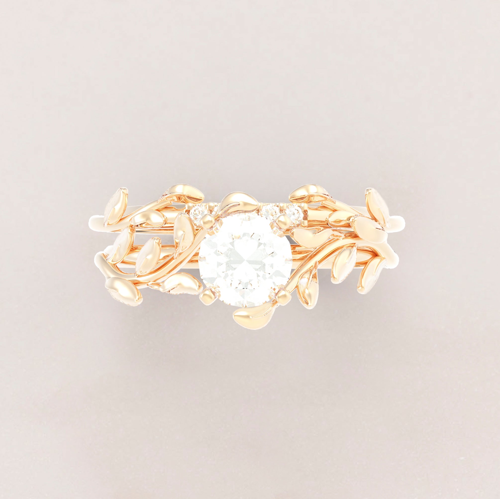 Unique Leaves Engagement and Wedding Engagement Ring Set No.5 in Yellow Gold - Diamond/Moissanite - Roelavi