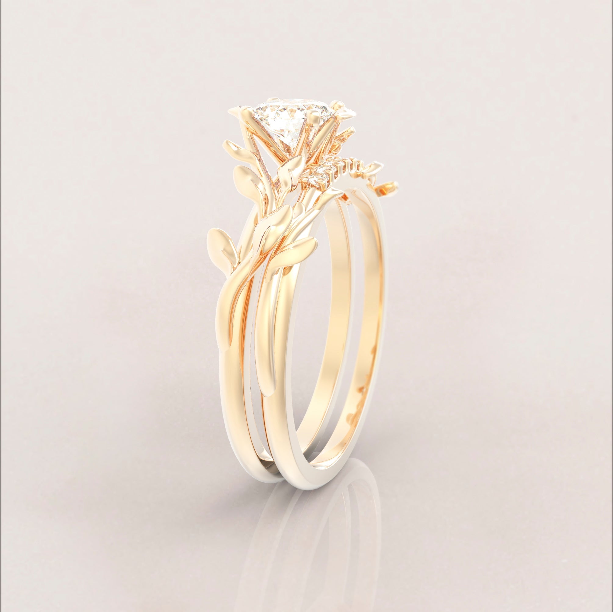 Unique Leaves Engagement and Wedding Engagement Ring Set No.5 in Yellow Gold - Diamond/Moissanite - Roelavi