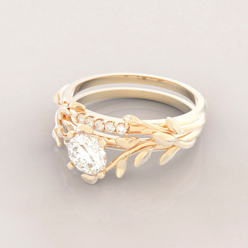 Unique Leaves Engagement and Wedding Engagement Ring Set No.5 in Yellow Gold - Diamond/Moissanite