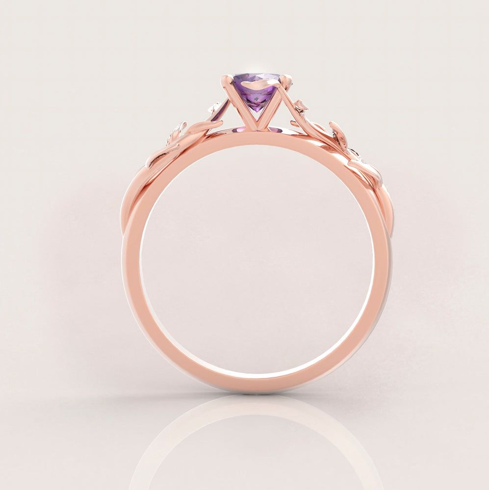 Unique Leaves Engagement Ring No.5 in Rose Gold - Amethyst - Roelavi