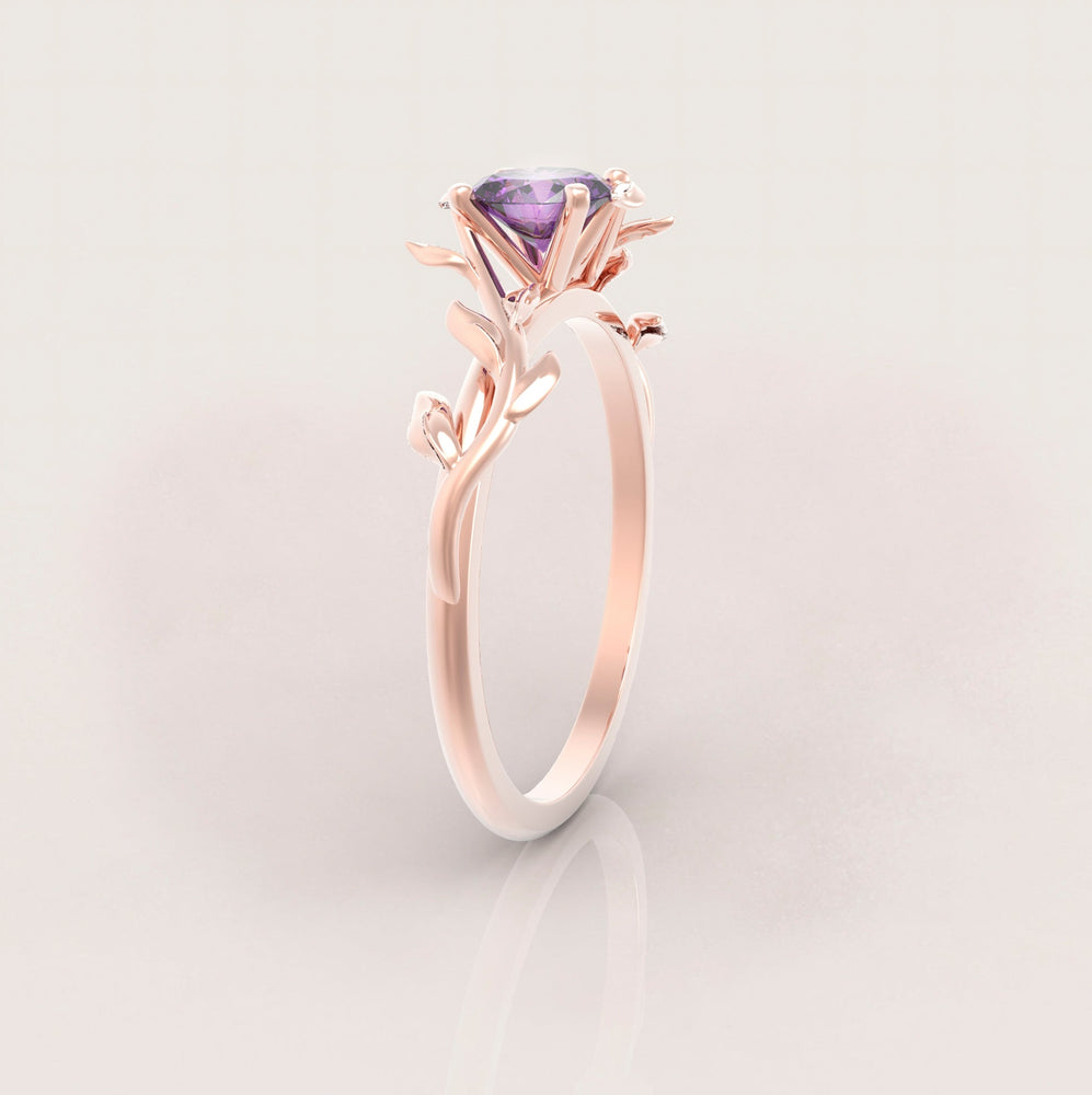 Unique Leaves Engagement Ring No.5 in Rose Gold - Amethyst