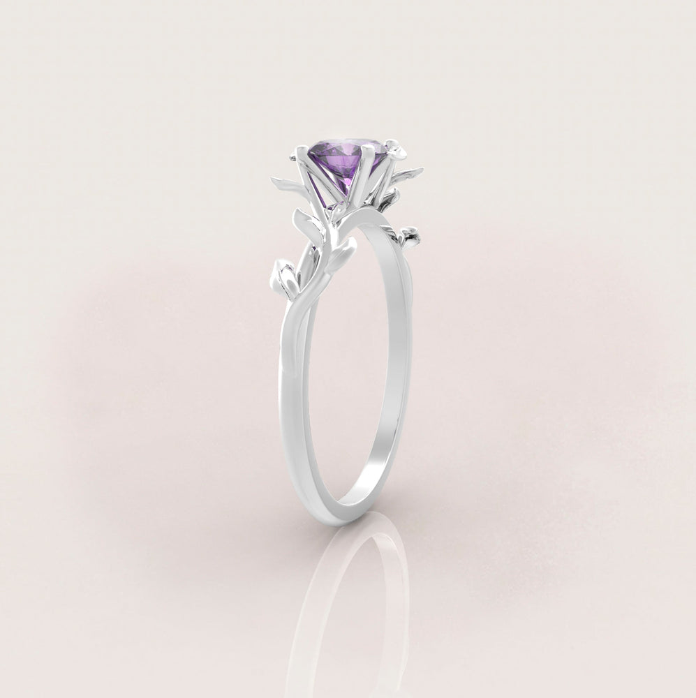 Unique Leaves Engagement Ring No.5 in White Gold - Amethyst
