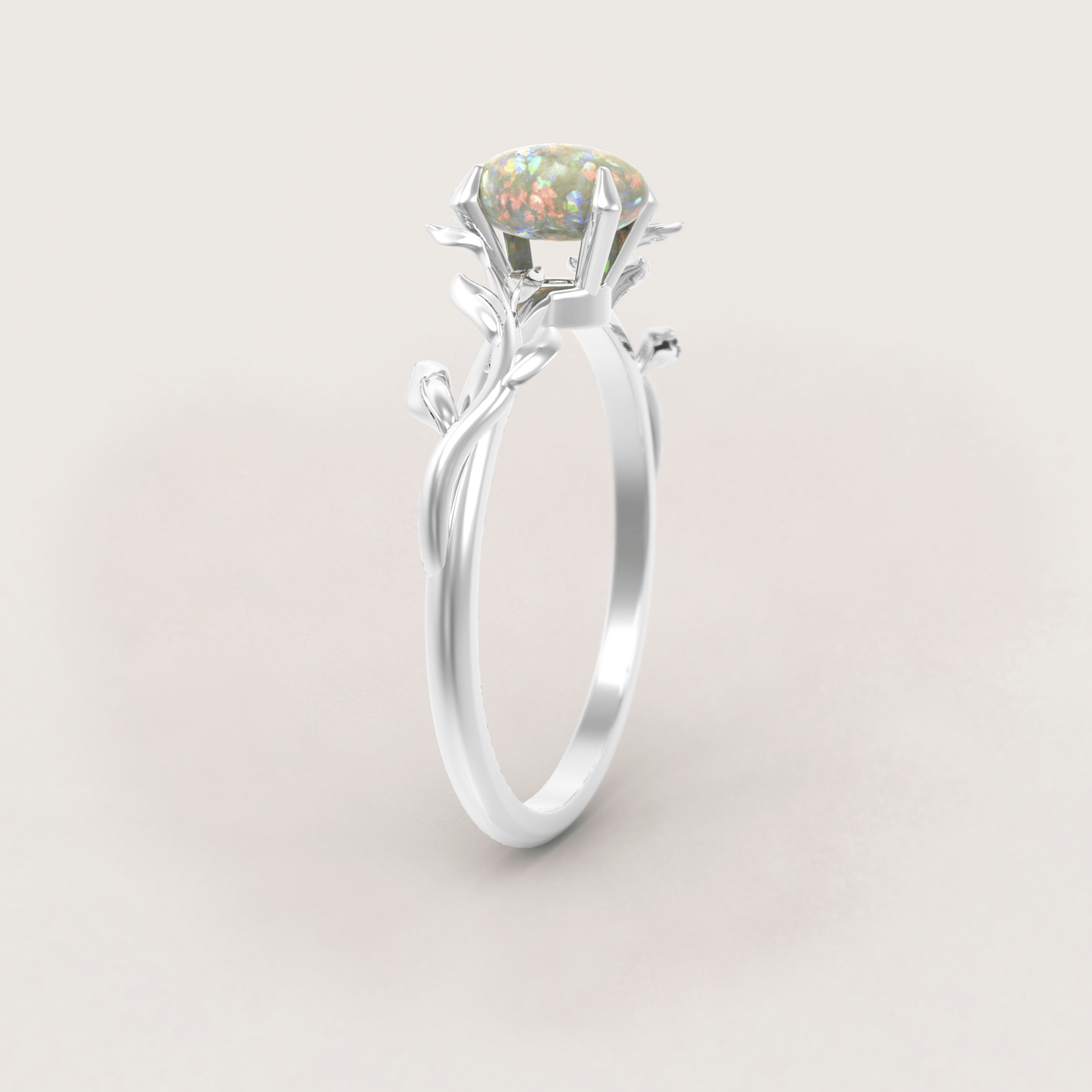 Unique Leaves Engagement Ring No.5 in White Gold - Opal - Roelavi