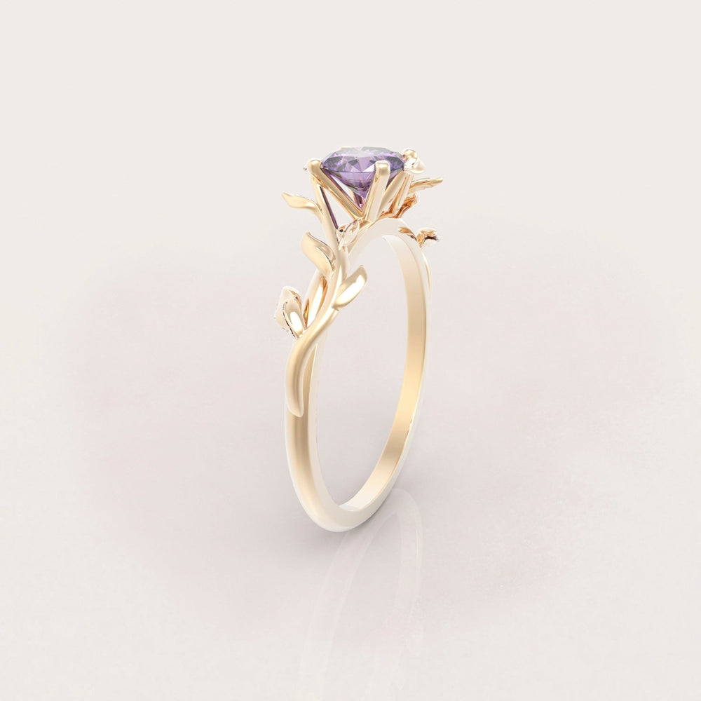 Unique Leaves Engagement Ring No.5 in Yellow Gold - Amethyst