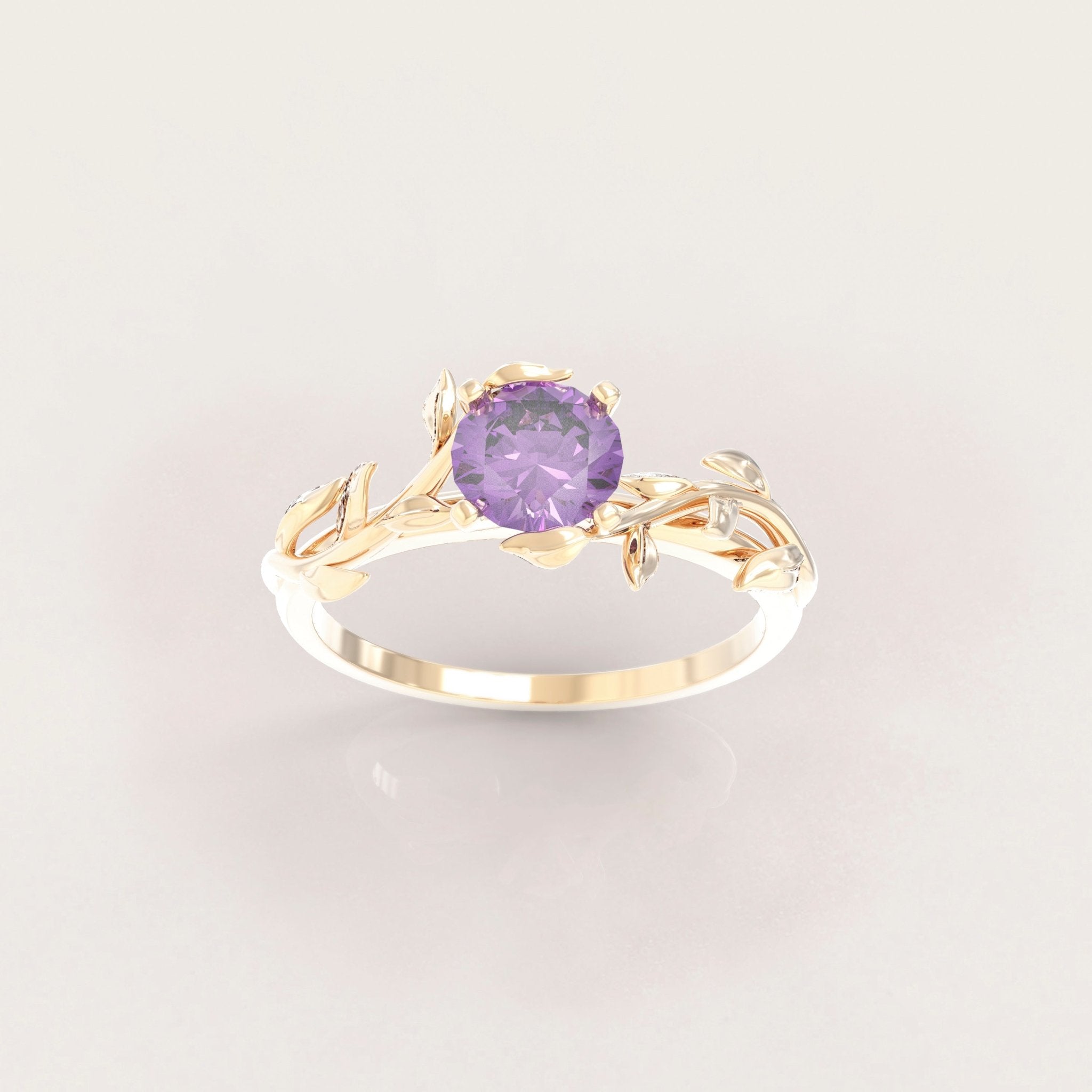 Unique Leaves Engagement Ring No.5 in Yellow Gold - Amethyst - Roelavi