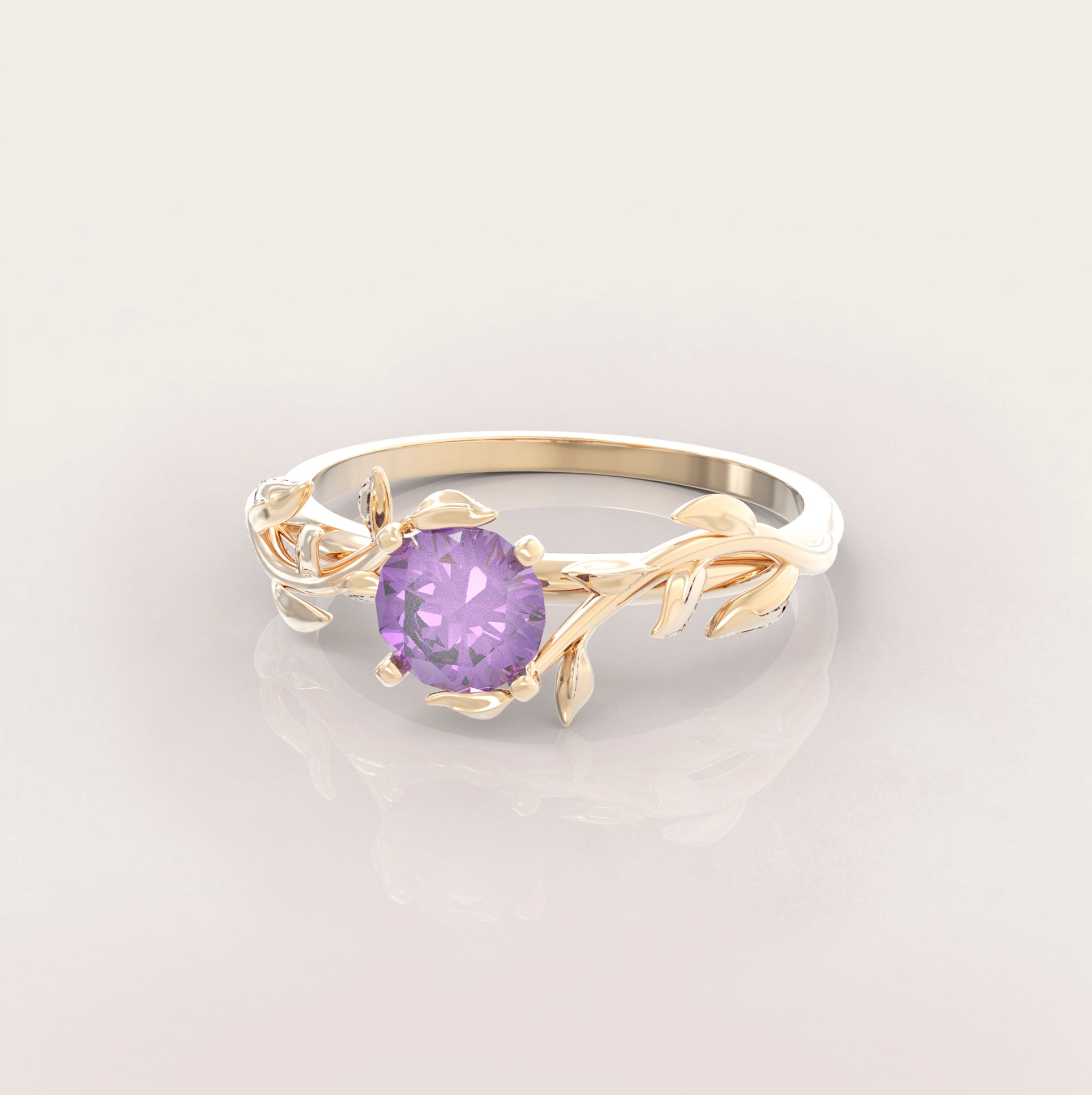 Unique Leaves Engagement Ring No.5 in Yellow Gold - Amethyst - Roelavi
