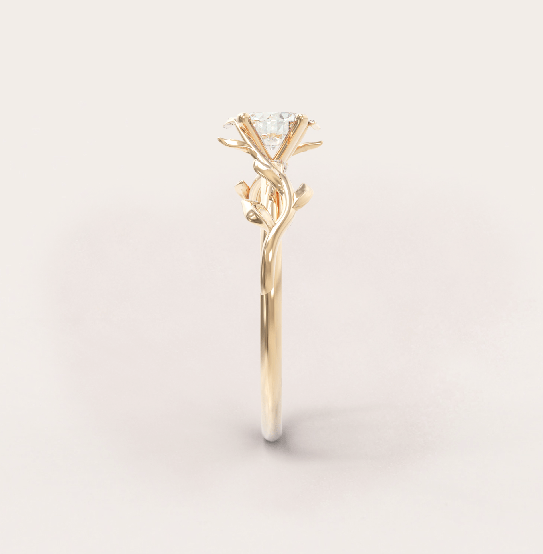 Unique Leaves Engagement Ring No.5 in Yellow Gold - Moissanite/Diamond - Roelavi