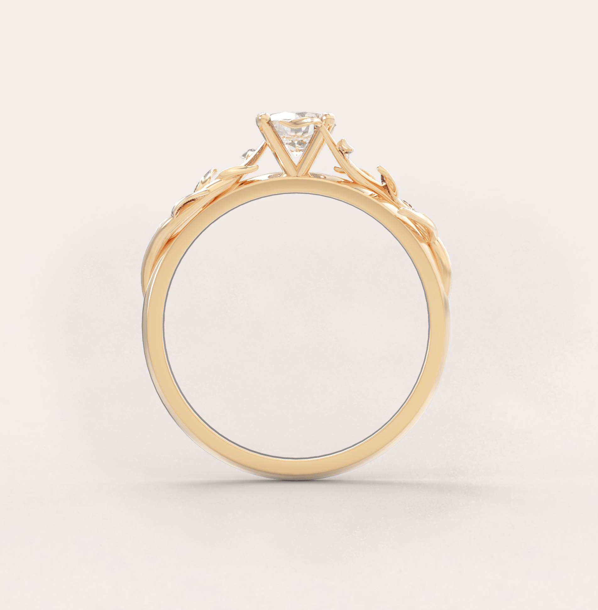 Unique Leaves Engagement Ring No.5 in Yellow Gold - Moissanite/Diamond - Roelavi