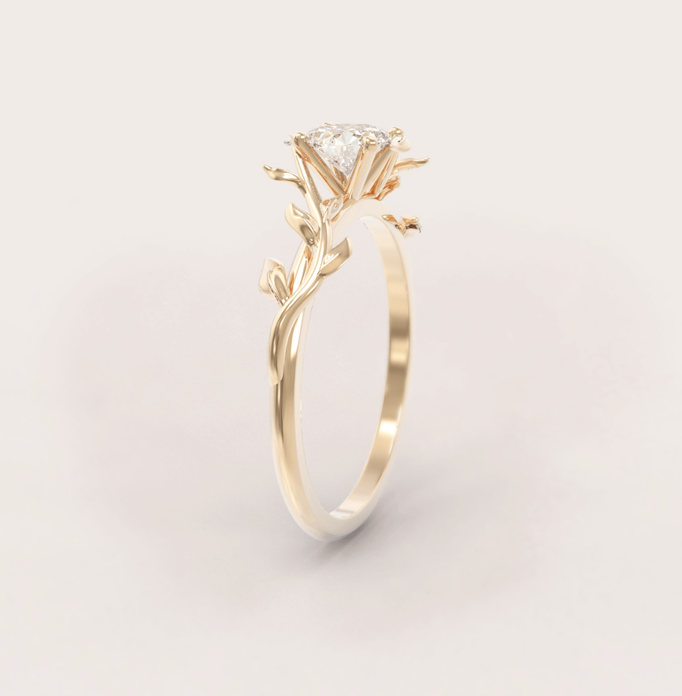 Unique Leaves Engagement Ring No.5 in Yellow Gold - Moissanite/Diamond