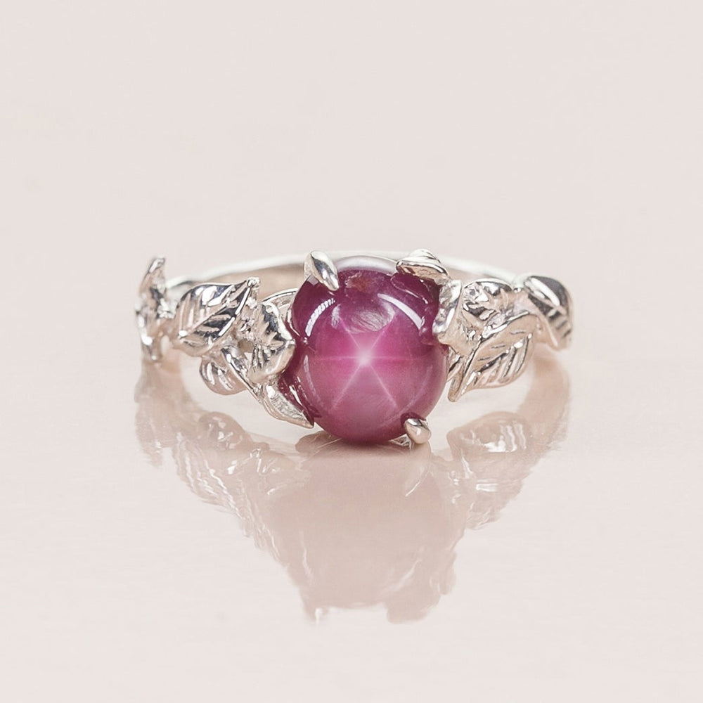 Unique [Rare Edition] Leaves Branch Engagement Ring in White Gold - Star Ruby