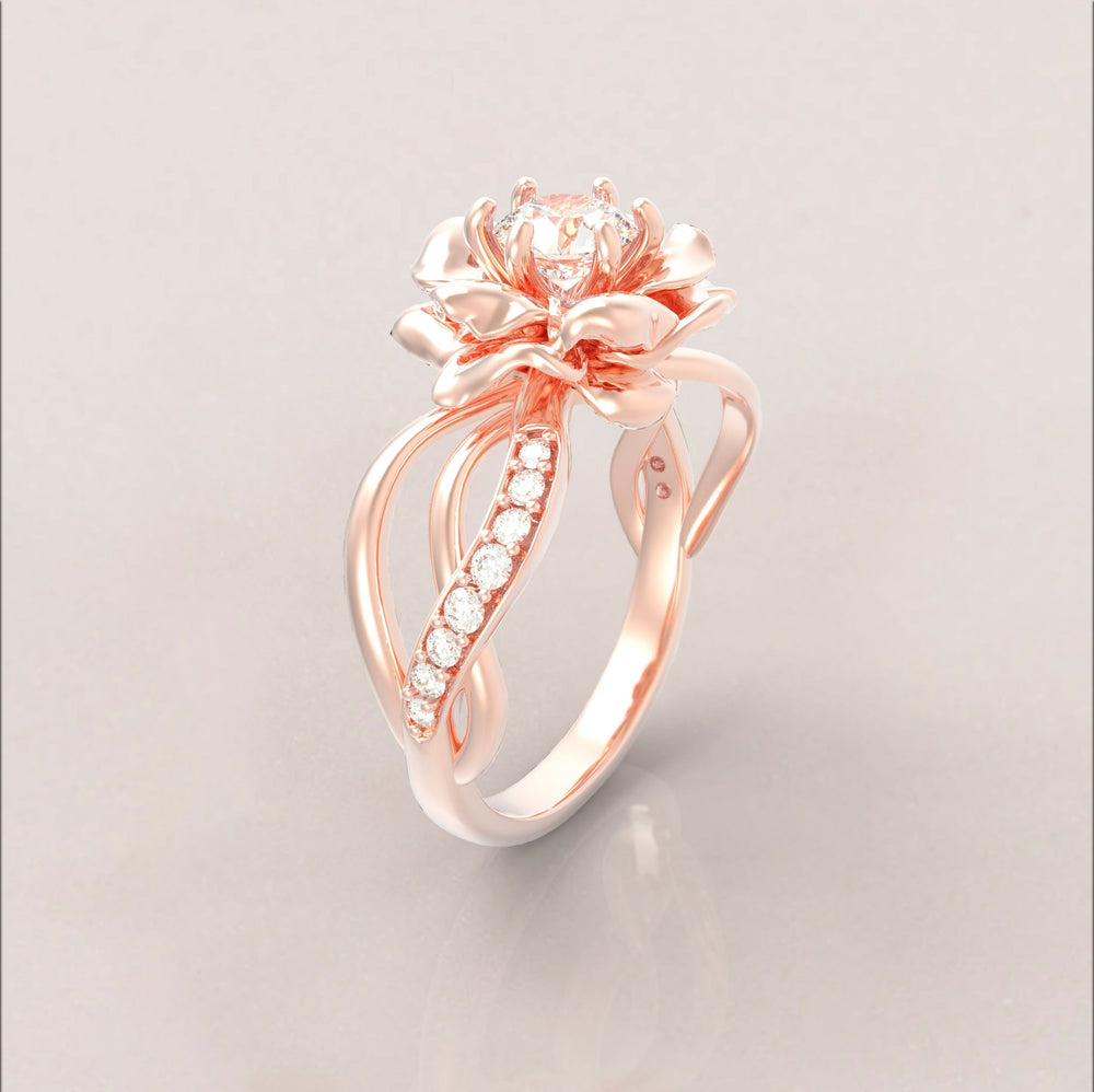 Unique Rose Engagement Ring No.67 in Rose Gold - Moissanite/Diamond