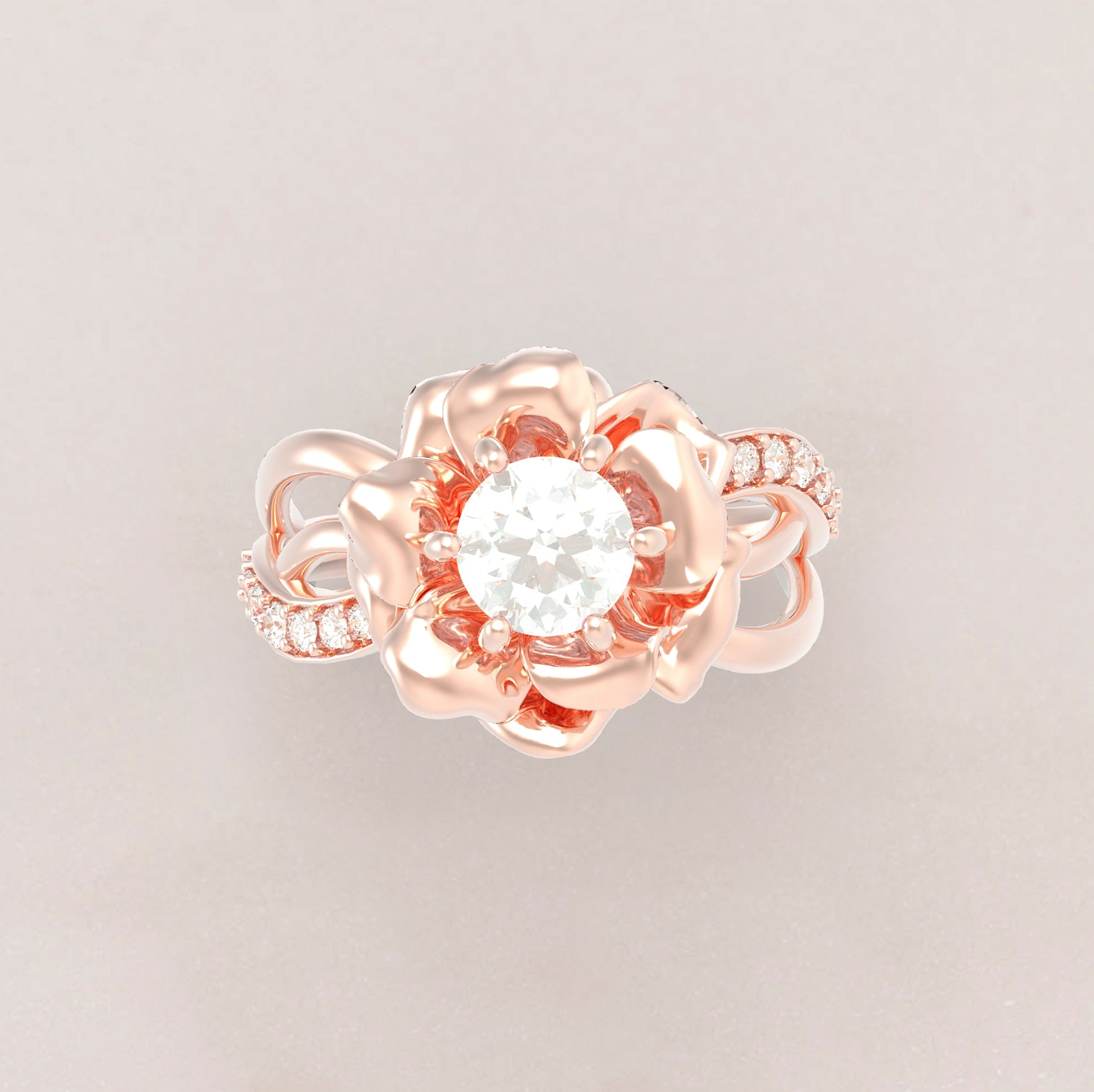 Unique Rose Engagement Ring No.67 in Rose Gold - Moissanite/Diamond - Roelavi