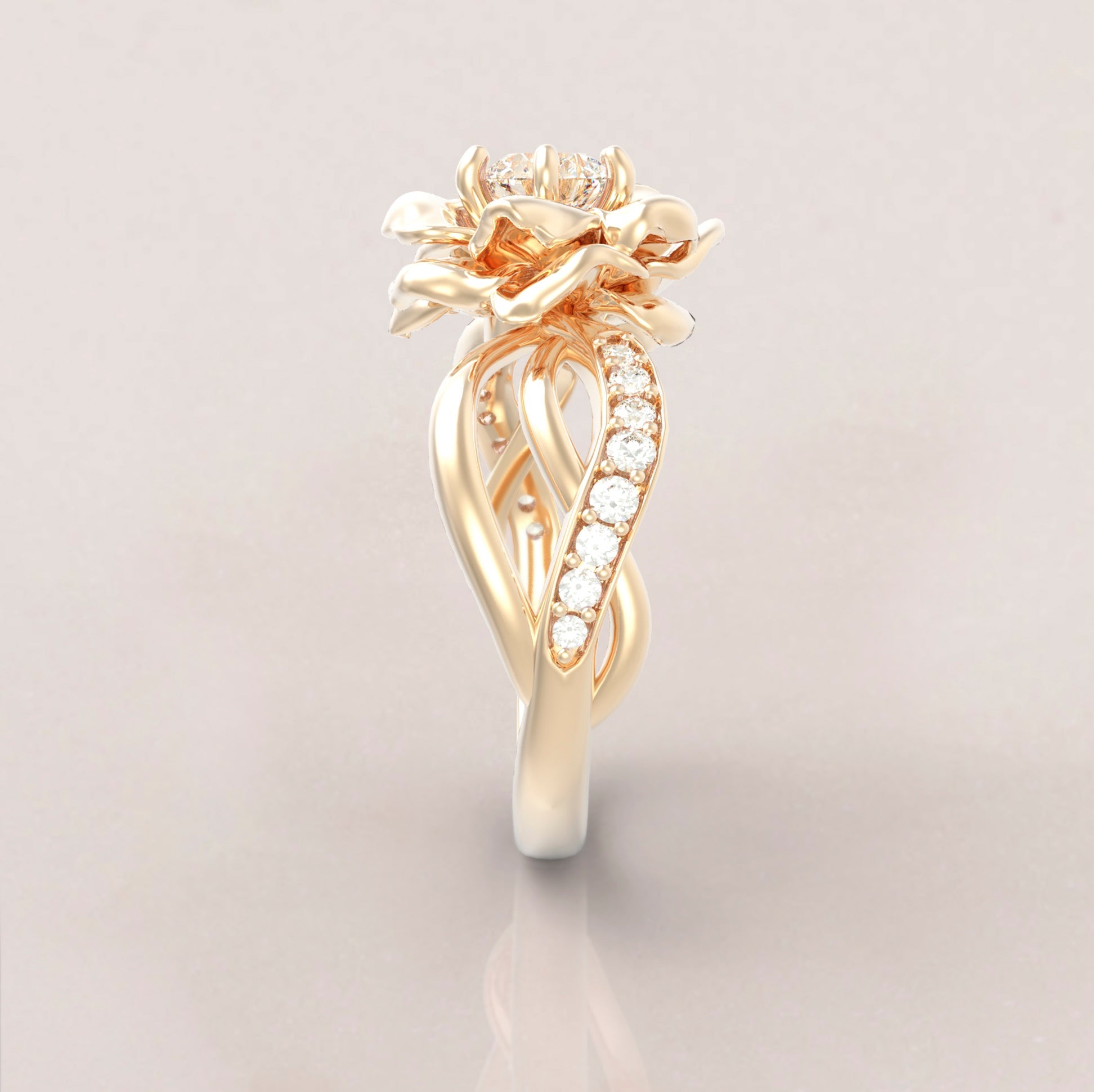 Unique Rose Engagement Ring No.67 in Yellow Gold - Moissanite/Diamond - Roelavi