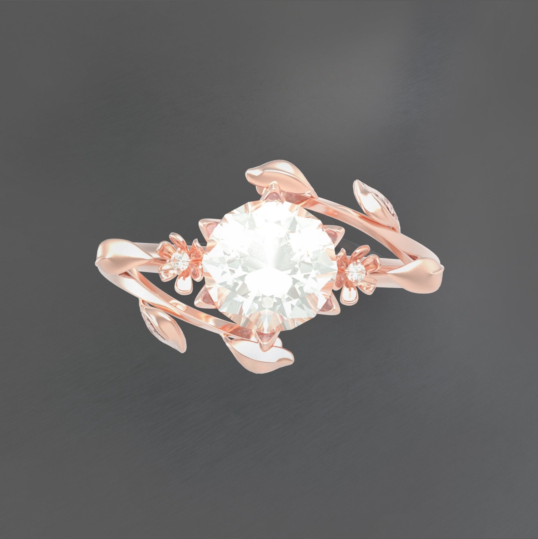 Unique Symmetrical Flowers and Leaves Engagement Ring No.68 in Rose Gold - Moissanite/Diamond - Roelavi