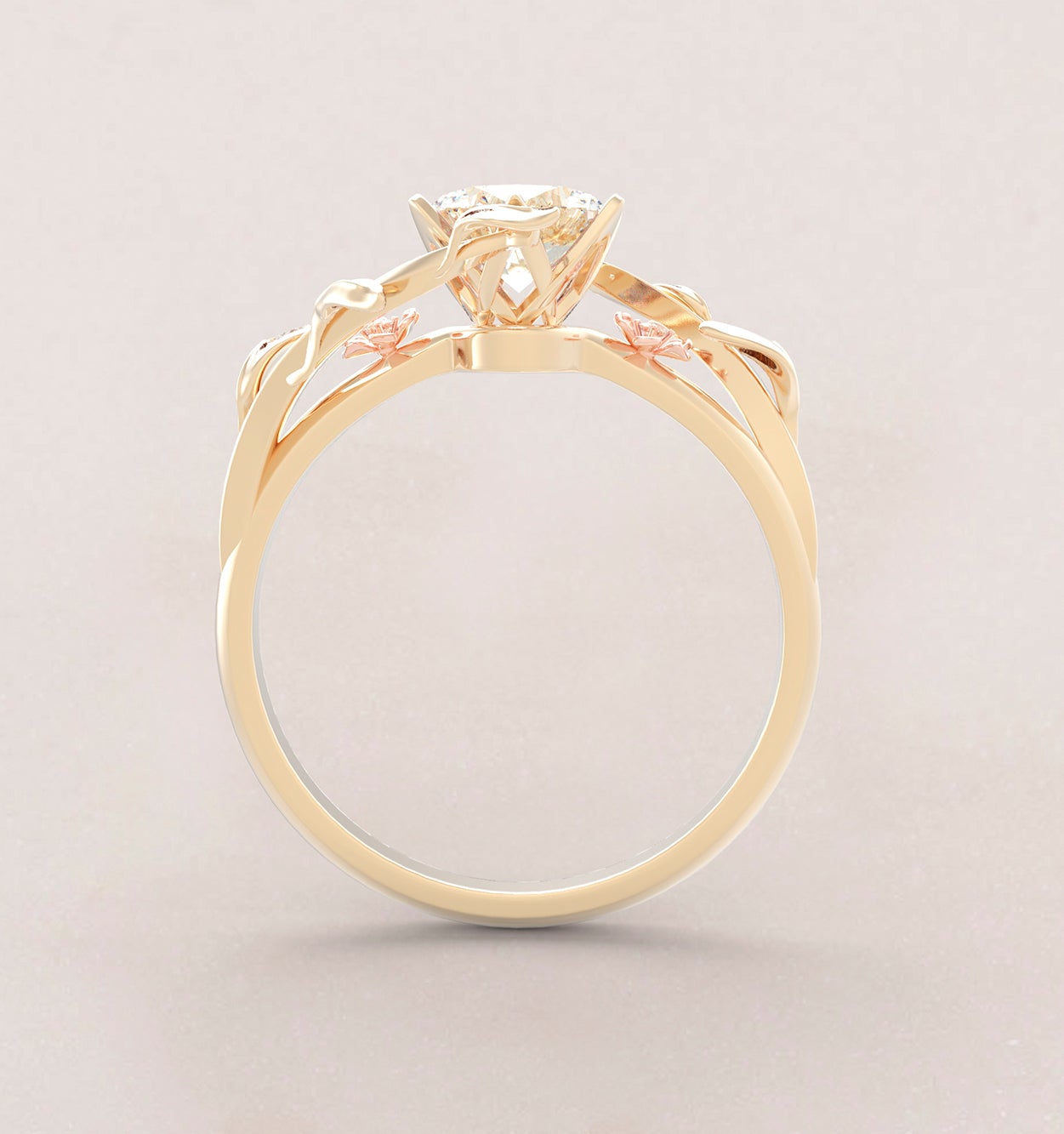 Unique Symmetrical Flowers and Leaves Engagement Ring No.68 in Yellow Band/Rose Flowers Gold - Moissanite/Diamond - Roelavi