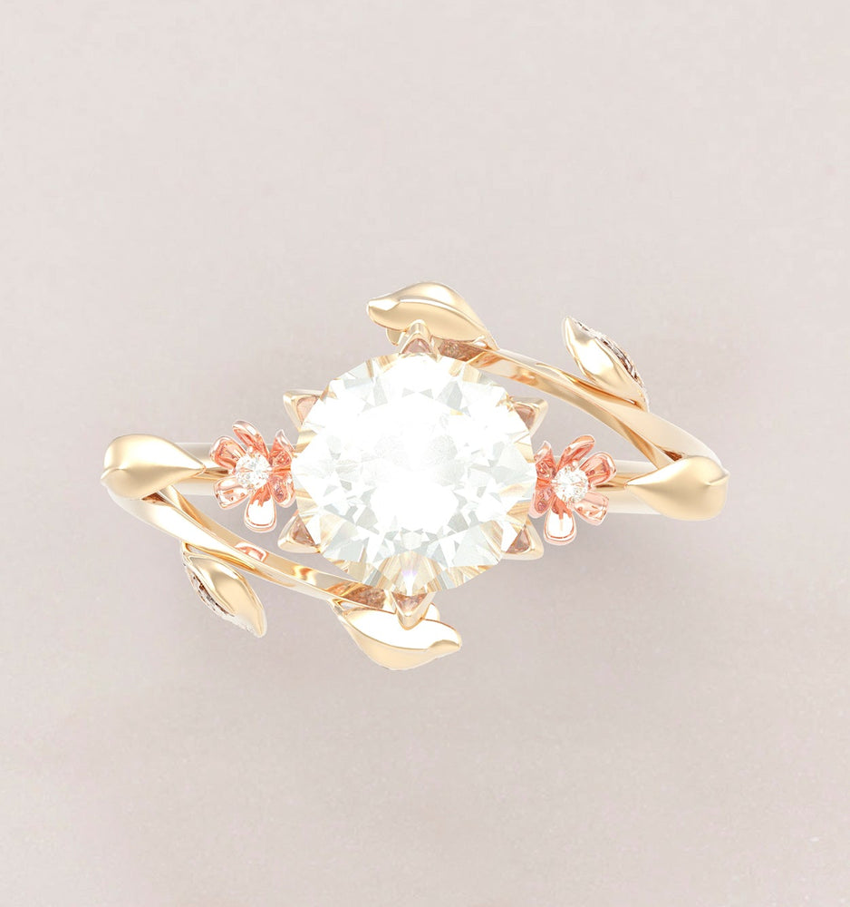 Unique Symmetrical Flowers and Leaves Engagement Ring No.68 in Yellow Band/Rose Flowers Gold - Moissanite/Diamond