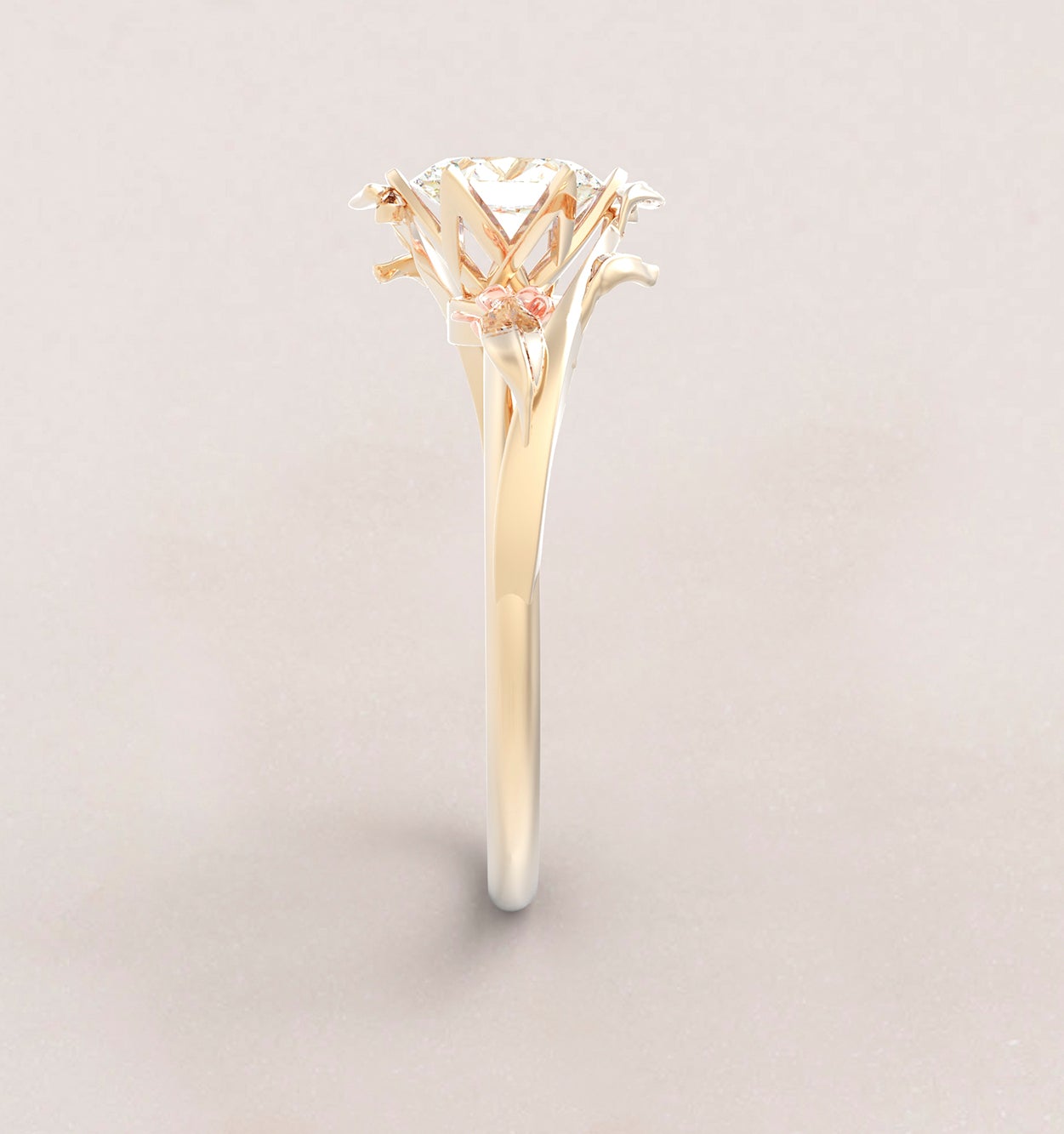 Unique Symmetrical Flowers and Leaves Engagement Ring No.68 in Yellow Band/Rose Flowers Gold - Moissanite/Diamond - Roelavi