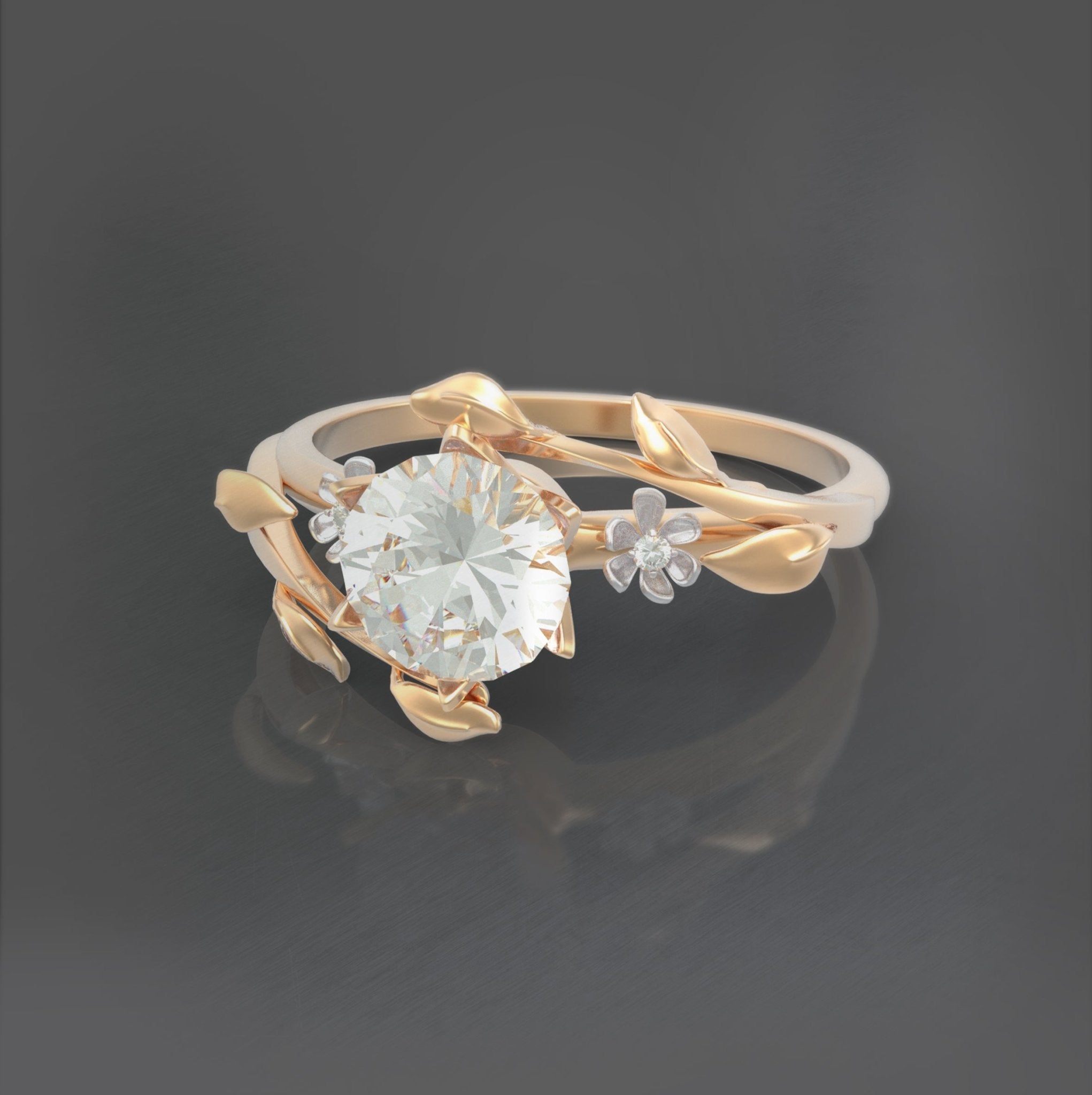 Unique Symmetrical Flowers and Leaves Engagement Ring No.68 in Yellow Band/White Flowers Gold - Moissanite/Diamond - Roelavi