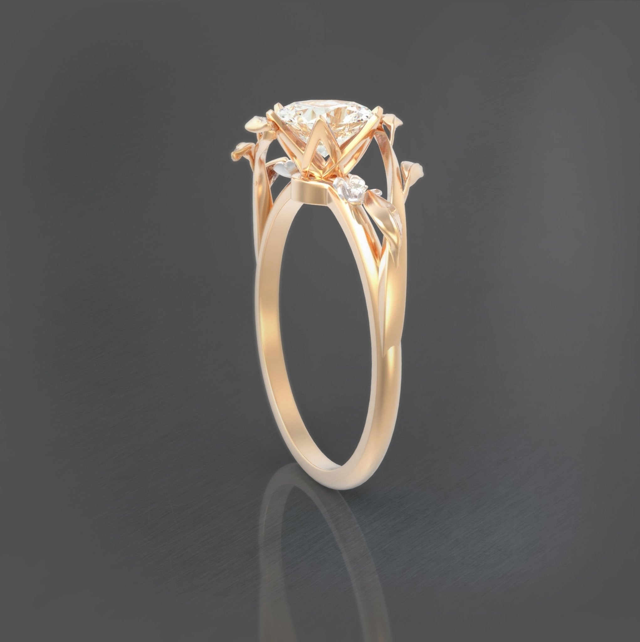 Unique Symmetrical Flowers and Leaves Engagement Ring No.68 in Yellow Band/White Flowers Gold - Moissanite/Diamond - Roelavi